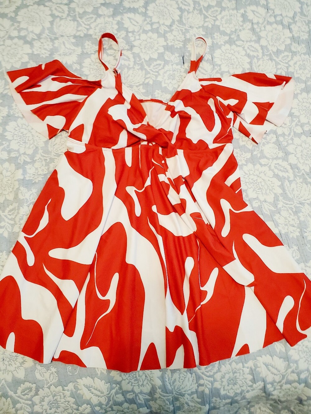 Womens Swimdress Red & White Patterned Cold-Shoulder